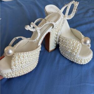Elegant Pearl-Embellished White Heels